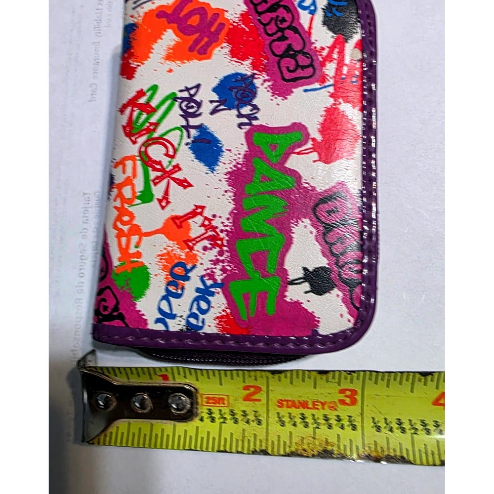 Graffiti Print Bifold Keychain Wallet Purple Zip Coin Purse ID Window Streetwear - Picture 8 of 9